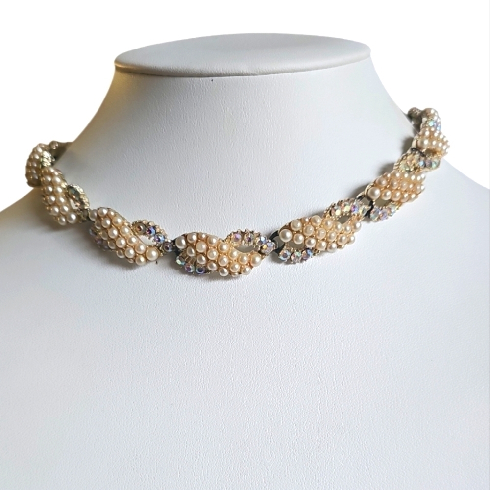 Vintage Kramer signed pearl and AB rhinestone choker necklace